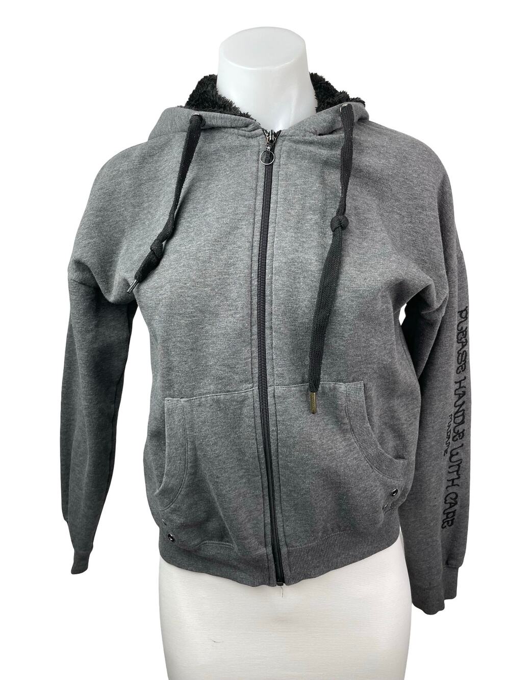 Madame Women's Gray Rose Floral Embroidery Long Sleeve Sweater Hoodie Jacket M